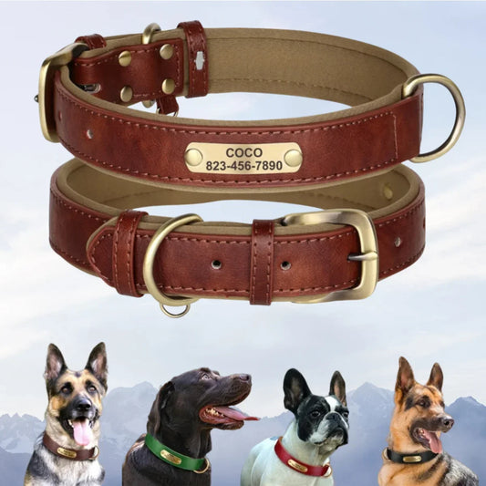 Personalized leather custom dog collar with engraved ID tag, durable and adjustable, suitable for small to large dogs.