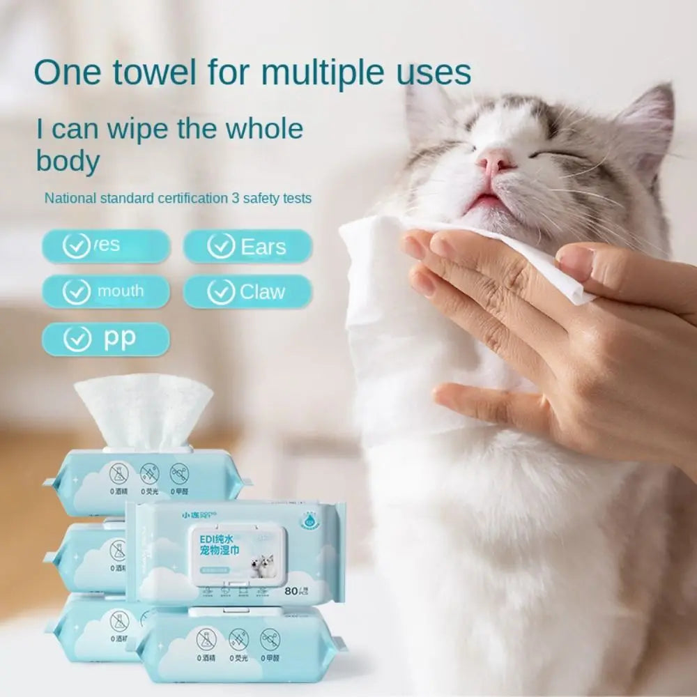 Pet wipes for cats and dogs, high-quality 80-piece pack, suitable for ears, mouth, and claws.