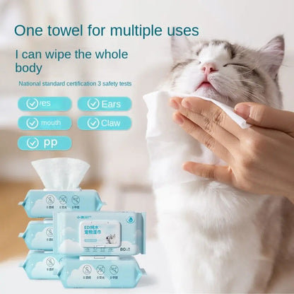 Pet wipes for cats and dogs, high-quality 80-piece pack, suitable for ears, mouth, and claws.