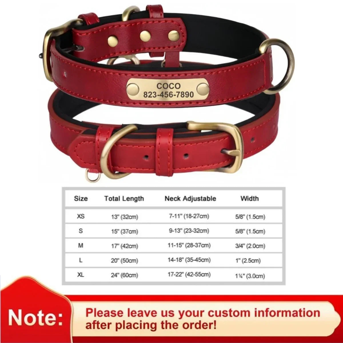 Durable personalized leather dog collar with custom ID tag for all dog sizes.
