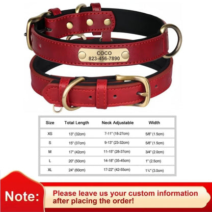 Durable personalized leather dog collar with custom ID tag for all dog sizes.