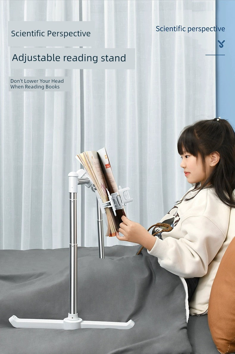 Adjustable book holder for bed with child reading comfortably, featuring metal construction and pull-out design.