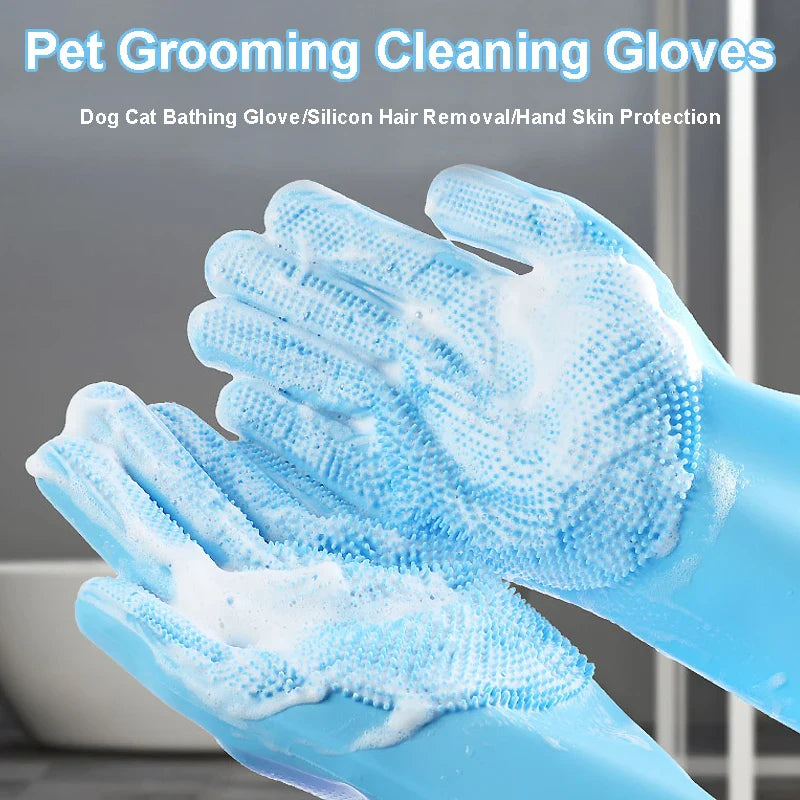 Blue pet grooming gloves with silicone bristles used for cleaning and hair removal, showcasing soapy lather.