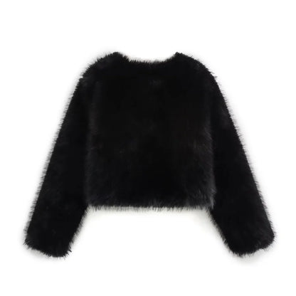 Faux fur jacket Traf 2024 Fall/Winter New Fashion Women's Faux Fur Effect Round Neck Long Sleeve Short Jacket