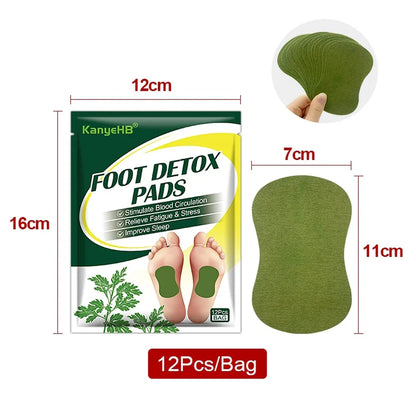 Detox Foot Patches in packaging with wormwood, 12pcs per bag, promotes cleansing and stress relief.