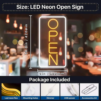 Vertical LED open neon sign for clubs, restaurants, and cafes, with mounting accessories included.