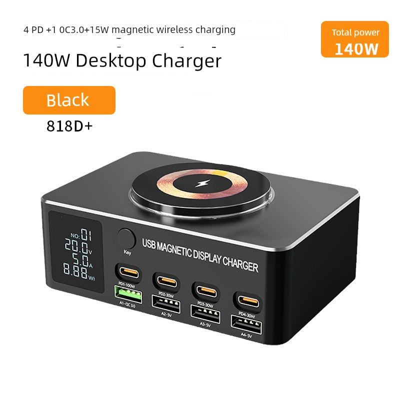 GaN fast charger with PD, 140W total power, magnetic wireless charging, USB and Type-C ports, black.