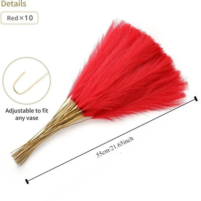 Red faux pampas grass bouquet, 21.65-inch length, adjustable stems for versatile vase fitting.