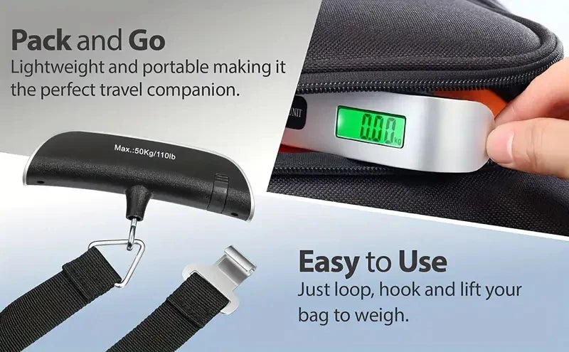 Portable digital luggage scale with LCD display and 110 lb capacity, easy to use for travel weighing.