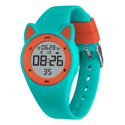 Kids fitness tracker watch with blue silicone band, orange accents, and digital LED display.
