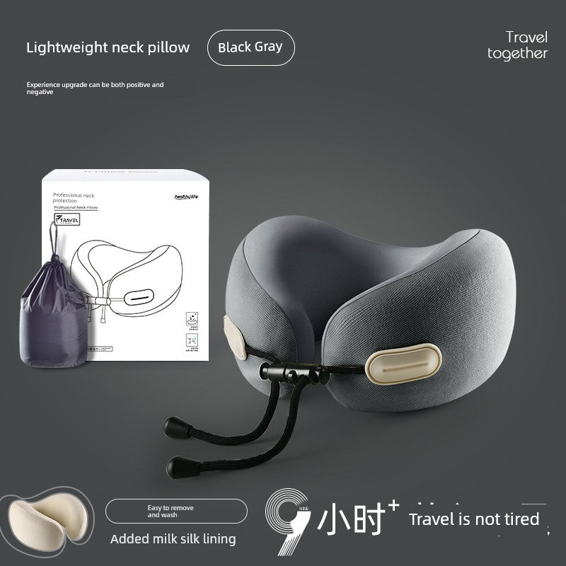 U-shaped travel pillow in black gray with memory cotton filling and retractable folding design, ideal for airplane use.