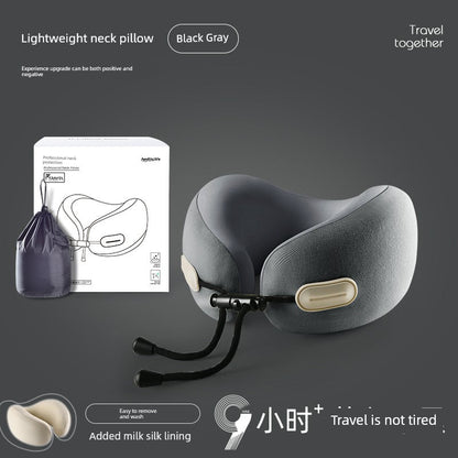 U-shaped travel pillow in black gray with memory cotton filling and retractable folding design, ideal for airplane use.
