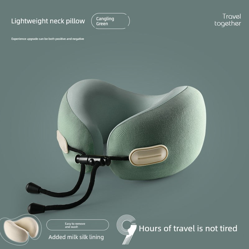 Lightweight U-shaped travel pillow with memory cotton for neck support in aircraft; retractable and foldable design.