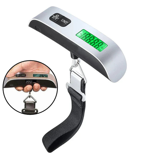 Portable digital luggage scale with LCD display, 110 lb/50 kg capacity, and durable hook for travel.