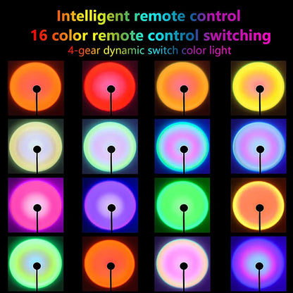 Intelligent remote-controlled sunset lamp projection with 16 color options and dynamic switch settings.