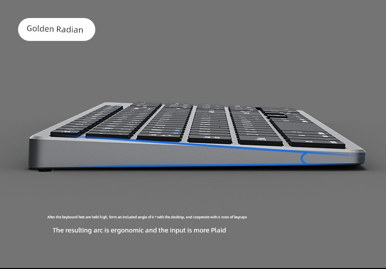 Ergonomic wireless rechargeable keyboard in silver with multimedia keys.
