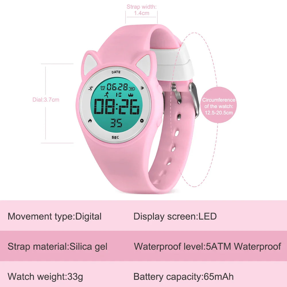Pink kids' fitness tracker watch with LED display, silicone band, animal-shaped case, and digital movement.