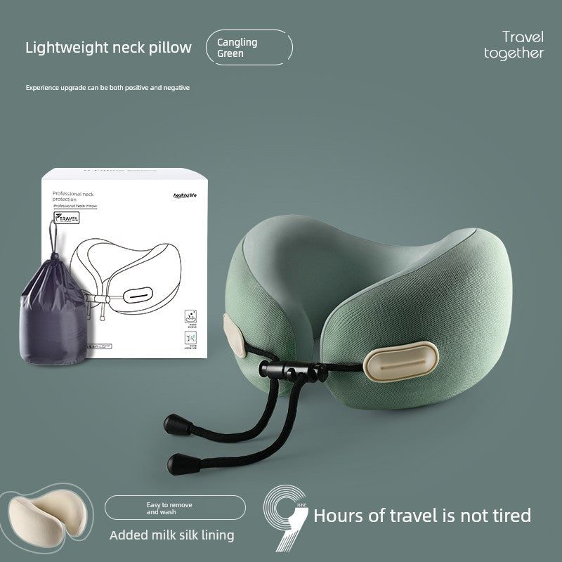 U-shaped travel pillow with memory cotton, designed for neck support during flights, featuring retractable folding and solid color polyester fiber.
