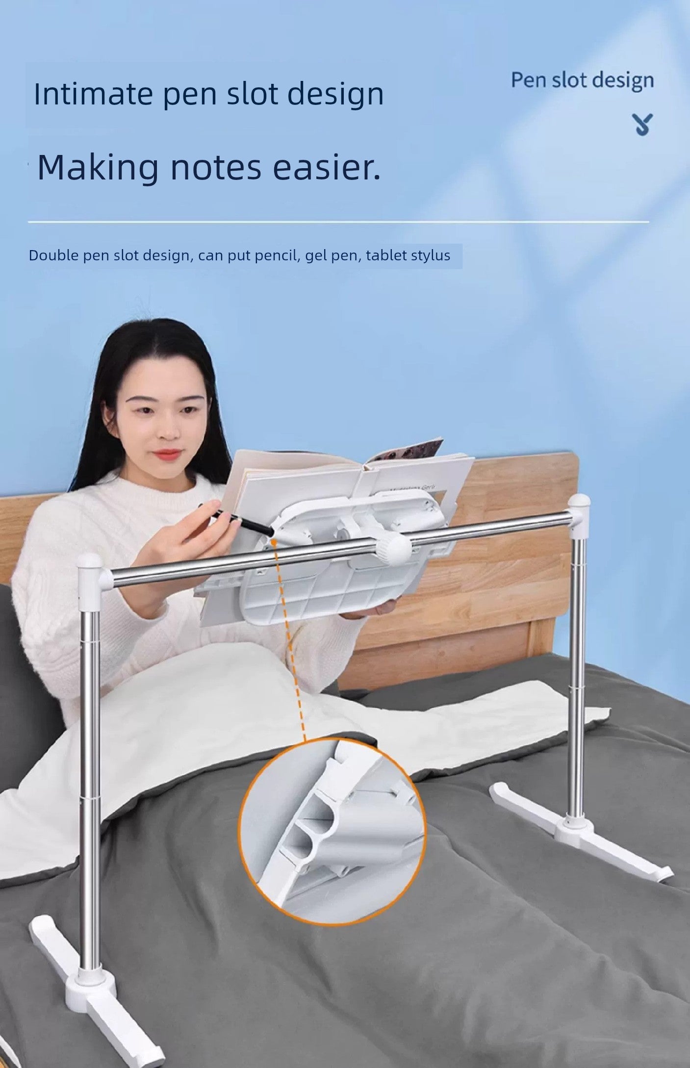 Adjustable book holder with pen slot design for comfortable reading in bed.