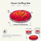 Interactive snuffle mat for dogs made of fleece and felt, 40cm diameter, enhances sniffing sense and slow feeding.