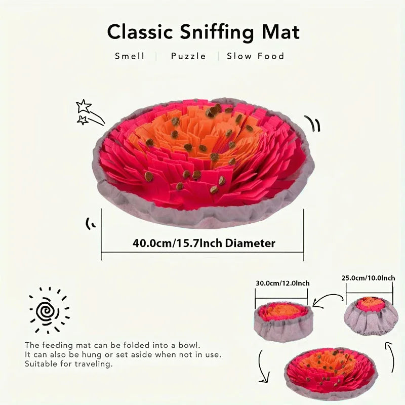 Interactive snuffle mat for dogs made of fleece and felt, 40cm diameter, enhances sniffing sense and slow feeding.