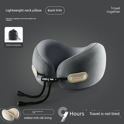 U-shaped travel pillow with memory cotton, black gray color, ideal for aircraft, retractable folding design, includes storage bag.