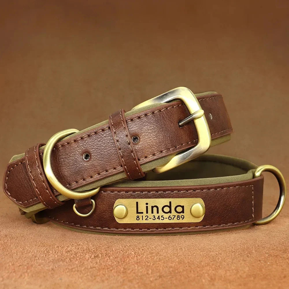 Durable personalized leather dog collar with engraved ID tag.