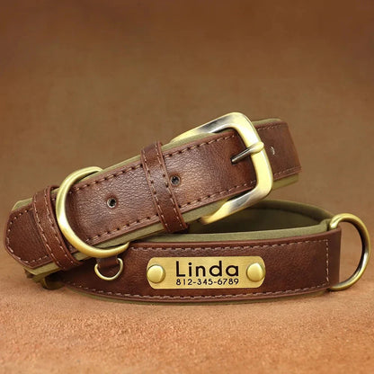 Durable personalized leather dog collar with engraved ID tag.