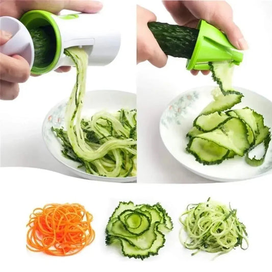 Stainless steel vegetable spiralizer slicing cucumbers and carrots, shown in use and final spiral shapes.