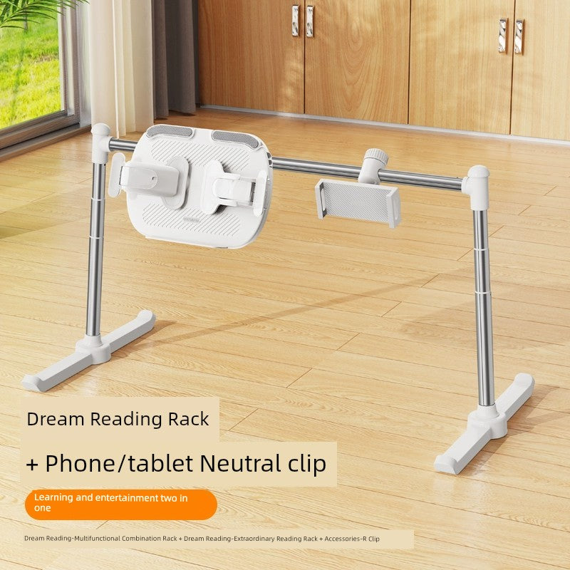 adjustable book holder for bed with phone and tablet clip, metal construction, floor type design