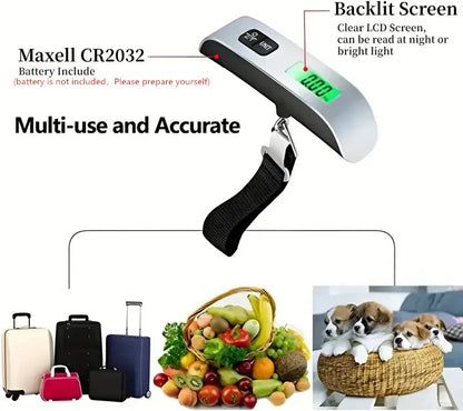 Digital luggage scale with LCD display and Maxell CR2032 battery, showing use for luggage, groceries, and pets.