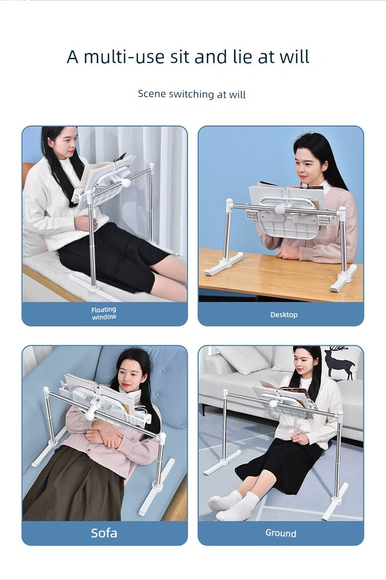 Adjustable book holder for bed use in various positions including sofa and desk.