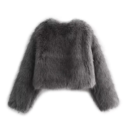 Faux fur jacket Traf 2024 Fall/Winter New Fashion Women's Faux Fur Effect Round Neck Long Sleeve Short Jacket