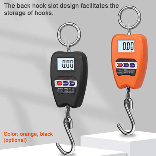 Portable luggage scale in black and orange with digital display and hook.