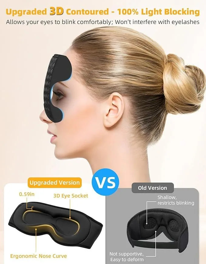 Bluetooth sleep mask with 3D contoured design for comfortable light blocking and wireless connectivity.