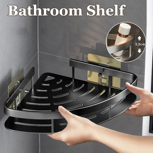 No drill shower shelf, black aluminum, wall-mounted, corner bathroom storage rack.