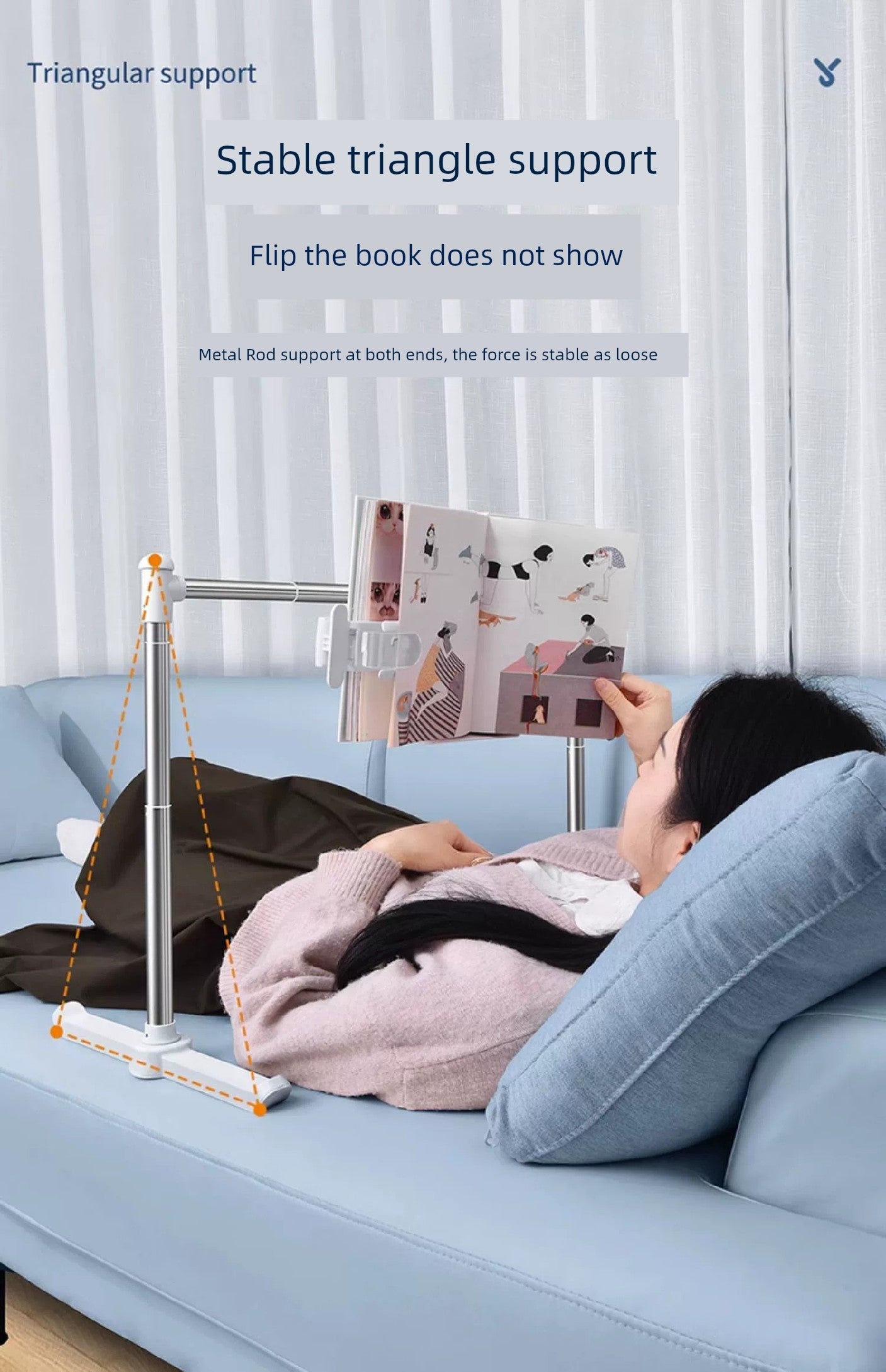 Adjustable book holder for bed with stable triangle support.