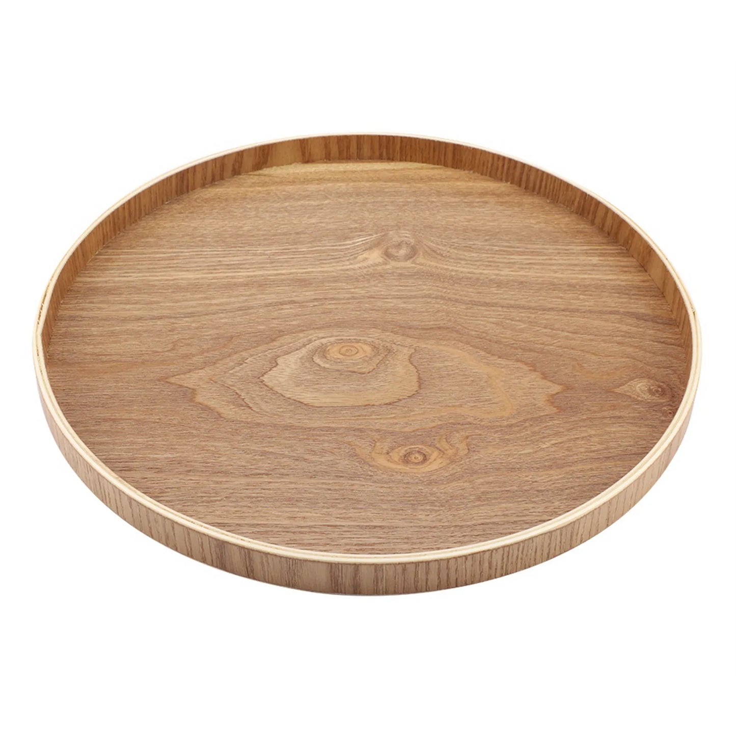 Wooden serving tray, round design, made from durable wood, ideal for tea, fruits, candies, home decor, and kitchen use.