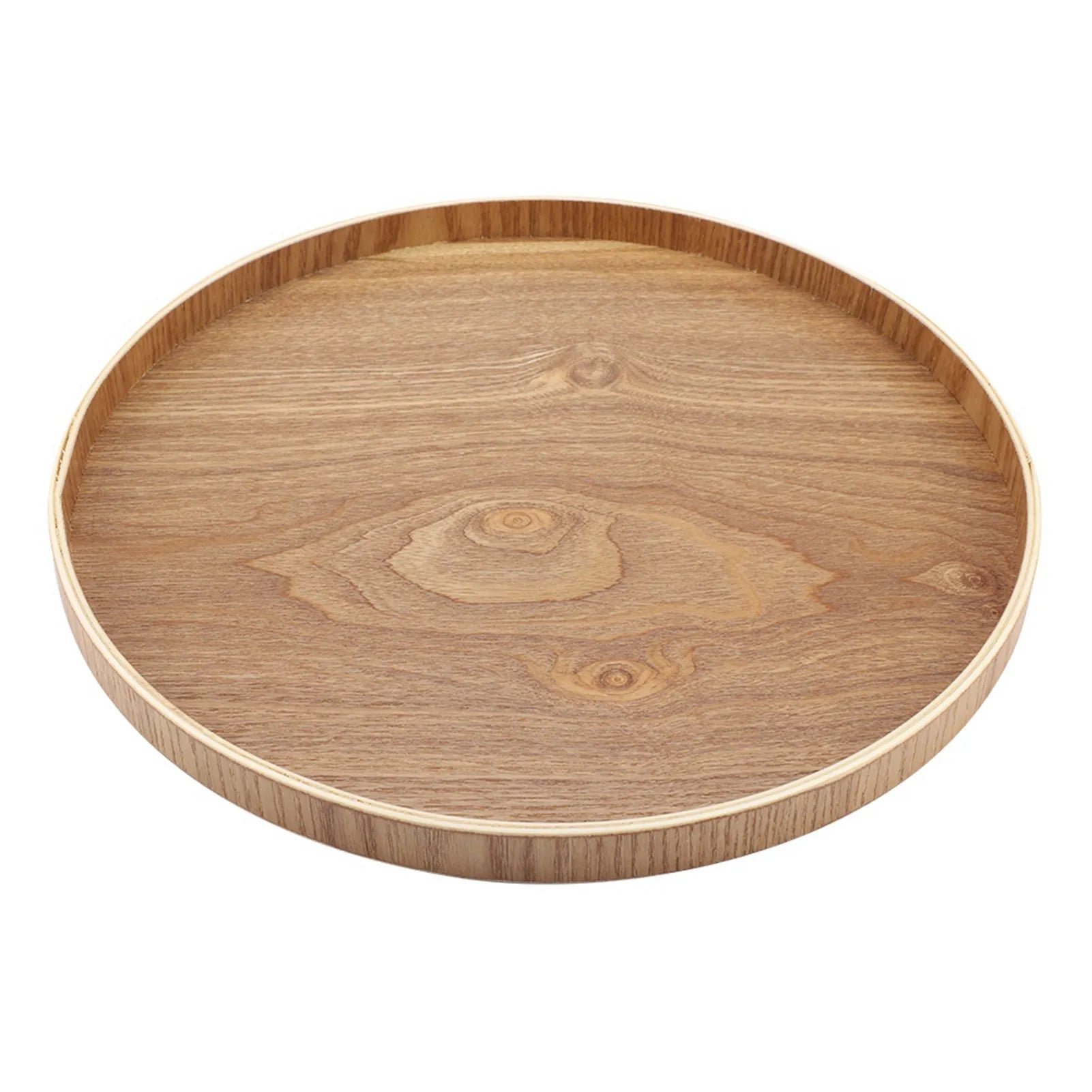 Wooden serving tray, round design, made from durable wood, ideal for tea, fruits, candies, home decor, and kitchen use.