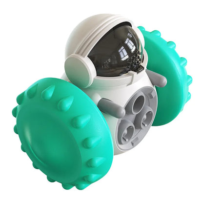 Interactive treat dispensing dog toy for pets made of durable ABS material.