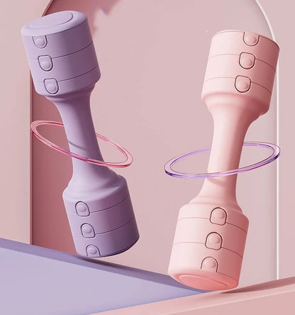 Adjustable dumbbells in pastel colors for strength training.