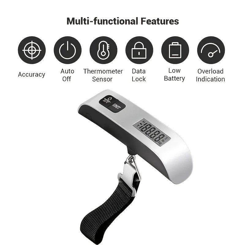 Portable digital luggage scale with LCD display and multi-functional features including accuracy, auto-off, thermometer sensor, data lock, low battery, and overload indication.