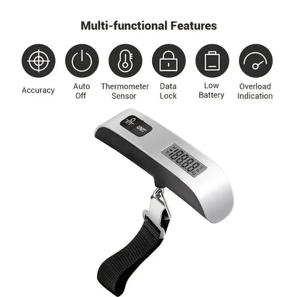 Portable digital luggage scale with LCD display and multi-functional features including accuracy, auto-off, thermometer sensor, data lock, low battery, and overload indication.