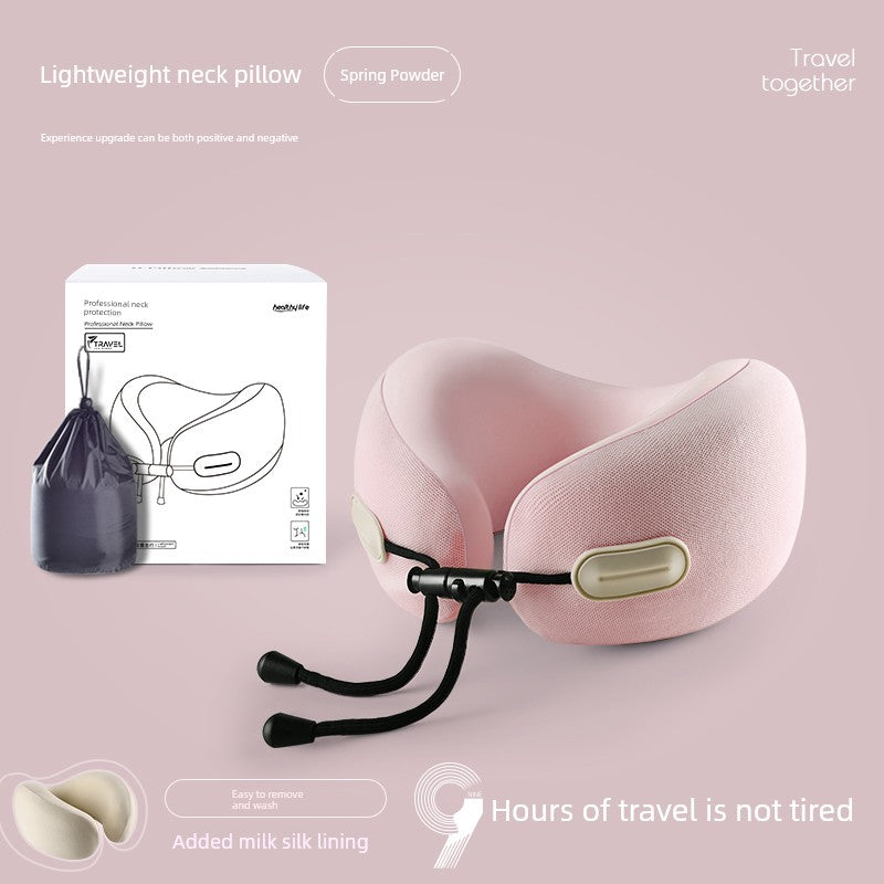 U-shaped travel pillow in pink with memory cotton, showcasing retractable folding design and neck guard functionality.