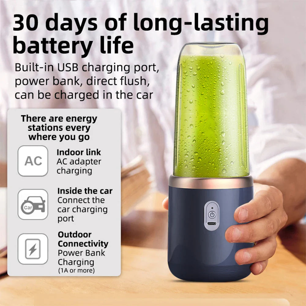 Portable fruit juice blender with USB charging, green drink inside, long-lasting battery life.