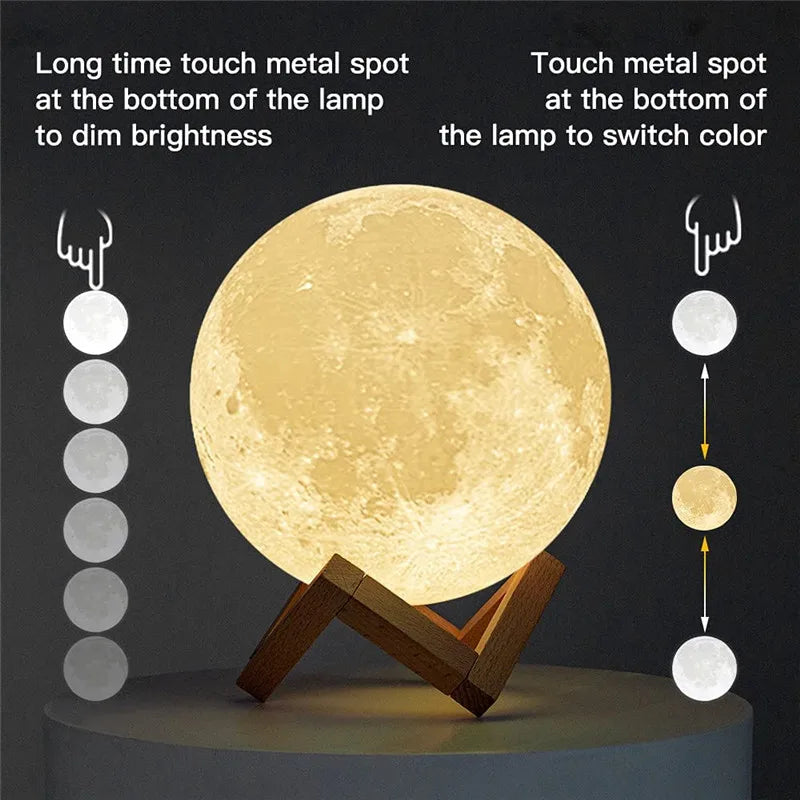 3D moon lamp with touch control for color switching and brightness adjustment, displayed on a wooden stand.
