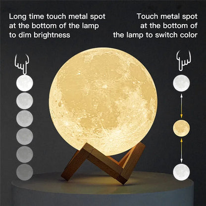 3D moon lamp with touch control for color switching and brightness adjustment, displayed on a wooden stand.