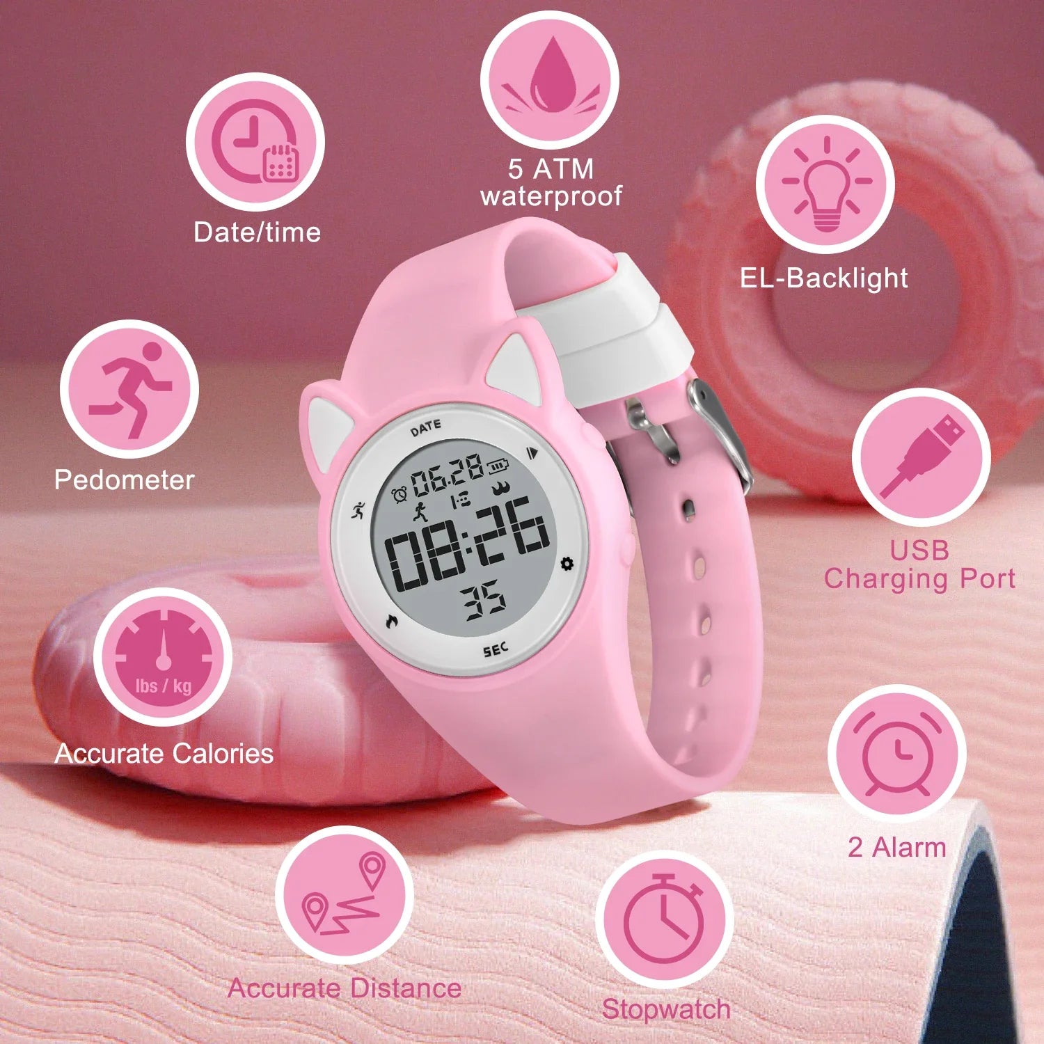 Pink kid's fitness tracker watch with silicone band, featuring digital LED display, waterproof, pedometer, and USB charging port.