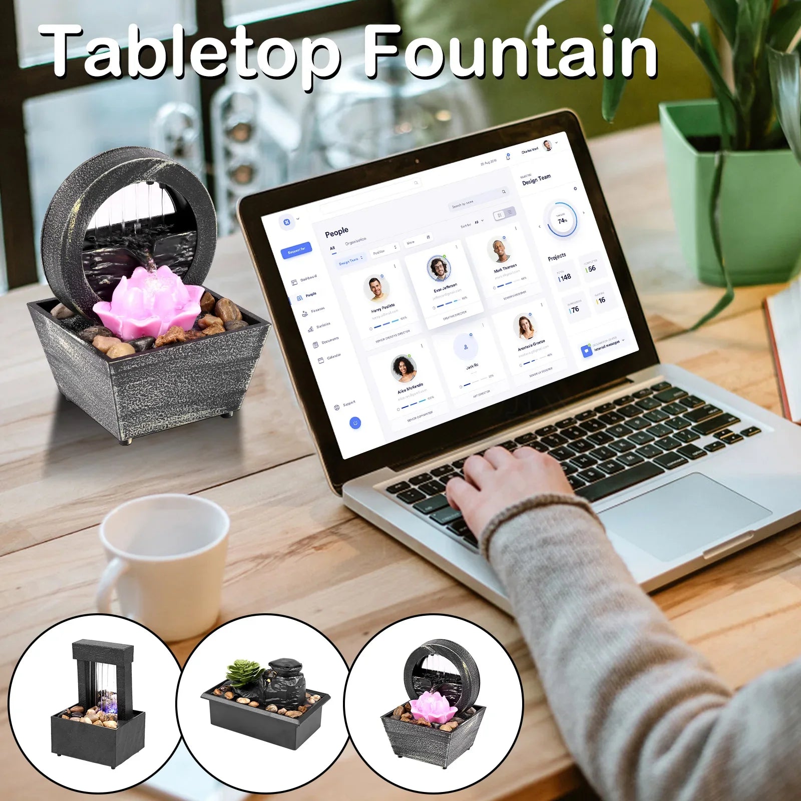 Mini tabletop fountain with light on desk, featuring a unique design with pebbles and soft lighting, ideal for relaxation and meditation.
