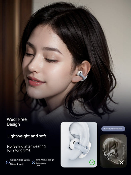 Bone conduction Bluetooth headset worn by a woman, highlighting lightweight and soft design.